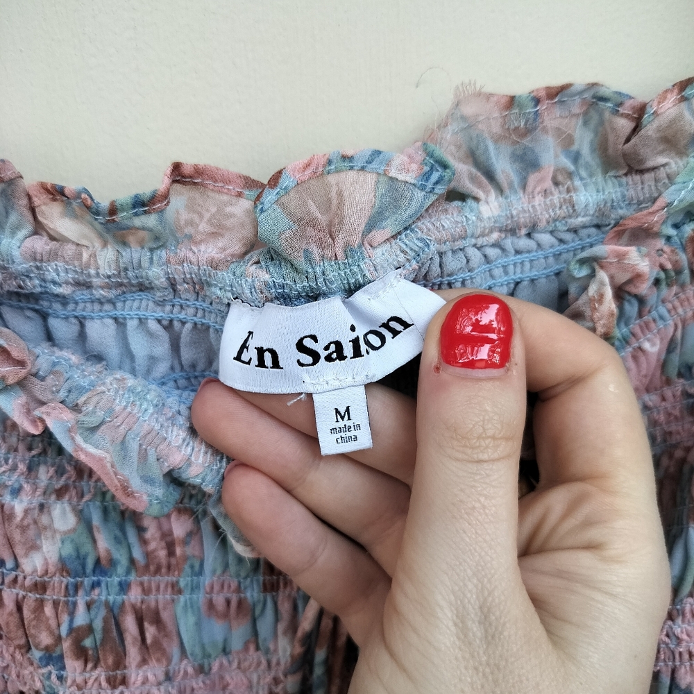 En Saison‎ Short Sleeve Smocked Floral Blue and Pink Floral Midi Dress Peasant - Picture 5 of 12